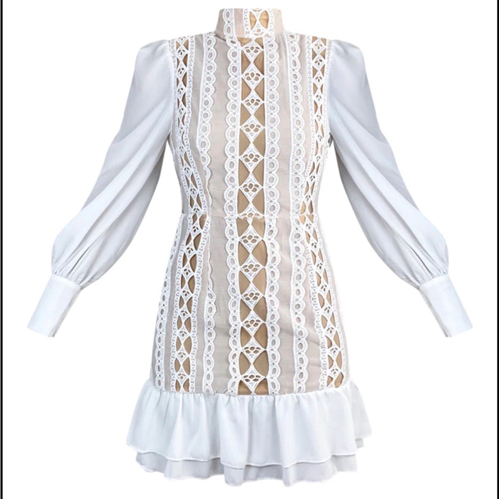 White Lace Mini Dress with Beige Underlay